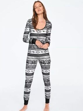 Victoria's Secret PINK Fair Isle Sleep One-Piece Onesie-Black/White-Women Large